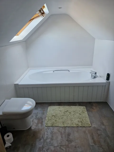 Loft bathroom with white panelled bath and wood-effect flooring under a sloped ceiling