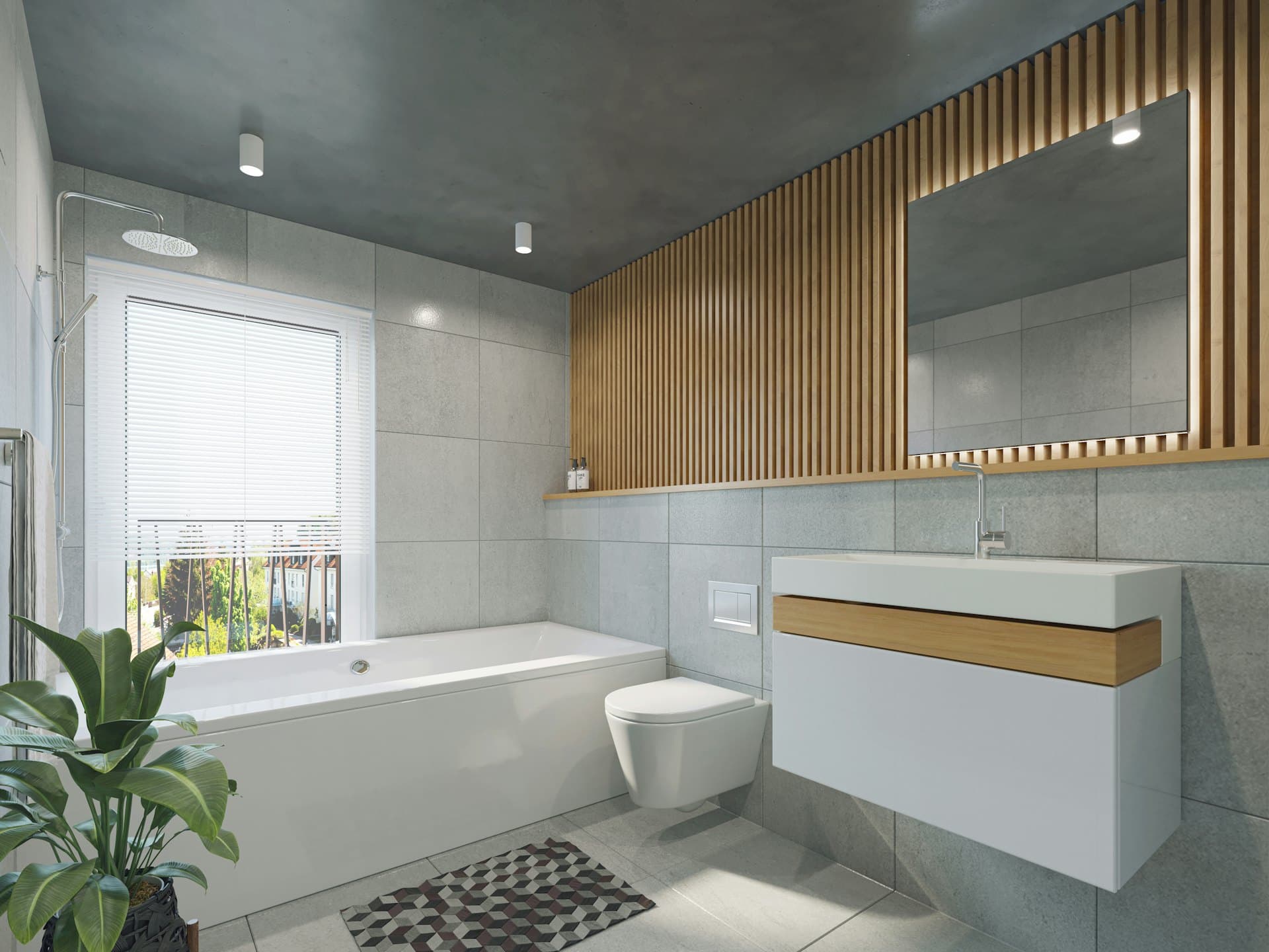 Modern tiled bathroom with large-format grey tiles